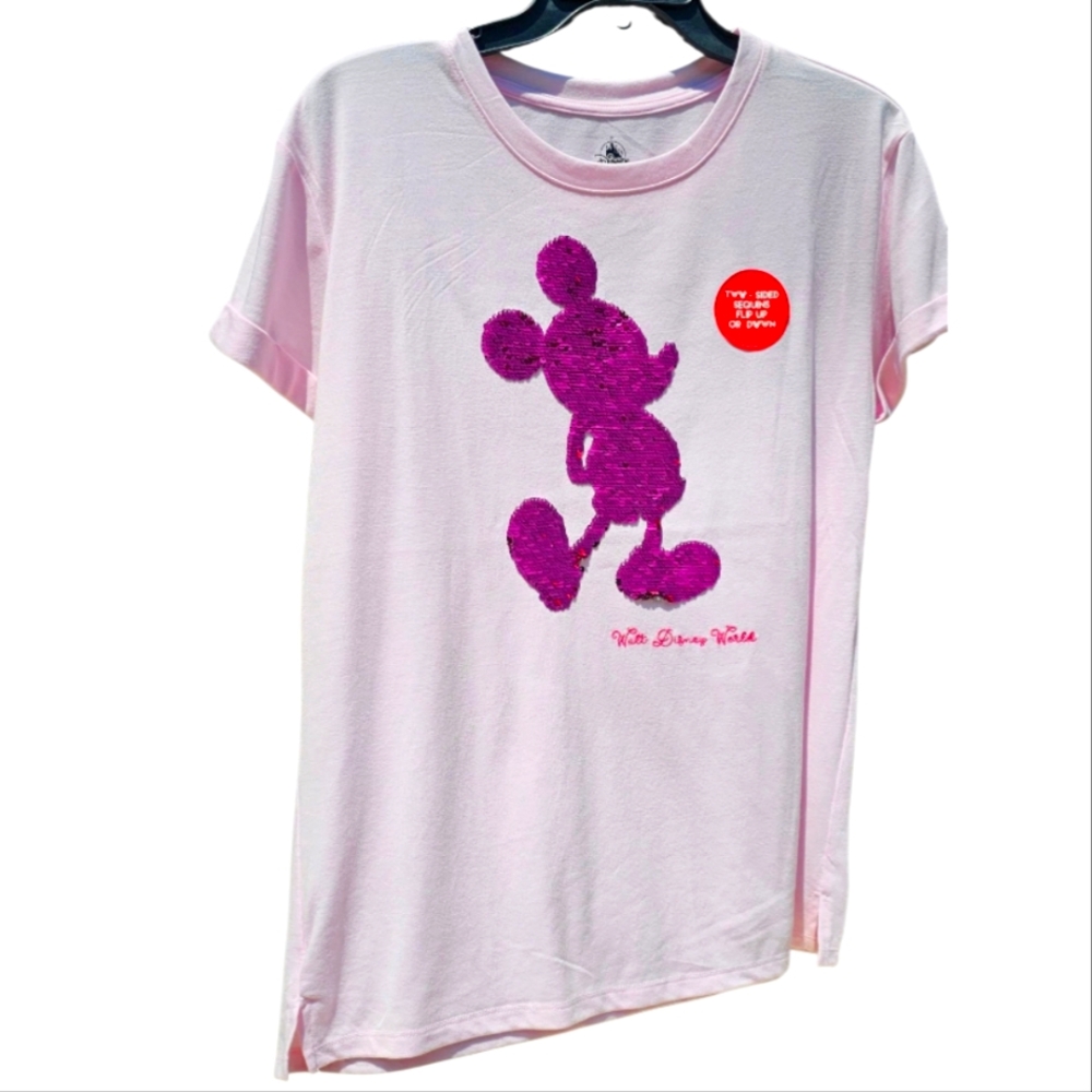 Authenic Disney Parks Womens Light Pink Tee with Sparkly Pink Sequin Mickey NWT